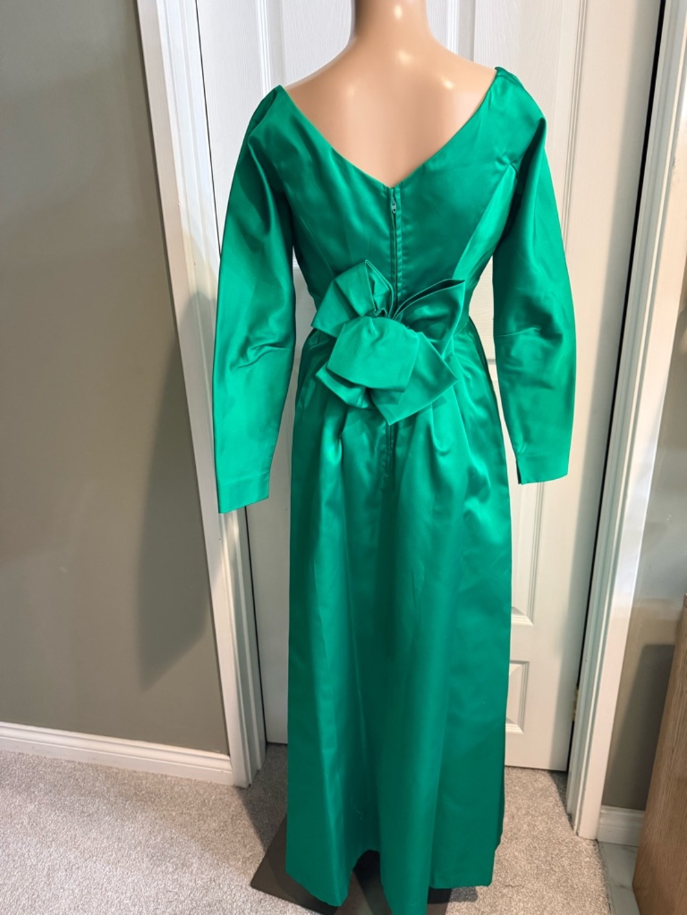 Vintage 60s Lorrie Deb Emerald Green Edwardian Dress Train Bow XS Bridgerton